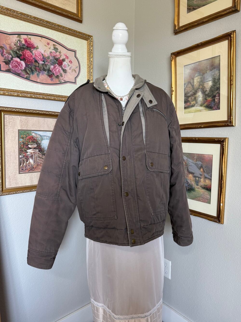Vintage Mocha Brown & Beige Quilted Puffer Coat
